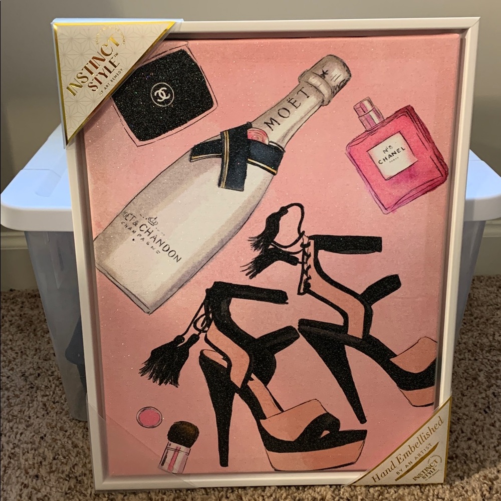 FASHION INSPIRED Pink Heels & Champagne Picture with White Frame